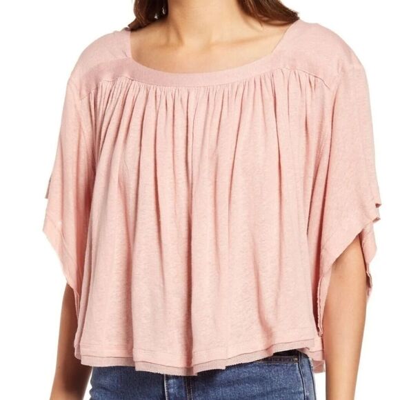 Free People NWT Pink Linen Oversized Tee Strawberry Crop Top Bow Tie Back Blouse - Picture 2 of 12